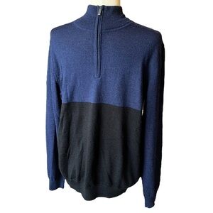 Calvin Klein Merino Wool Two Tone Color block Navy 1/4 Zip Sweater Preppy Sz Med